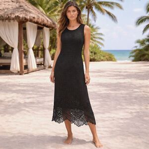 Kroshetta Crochet Midi Dress Women M Black Open Knit Beachy Dark Cottage Vintage